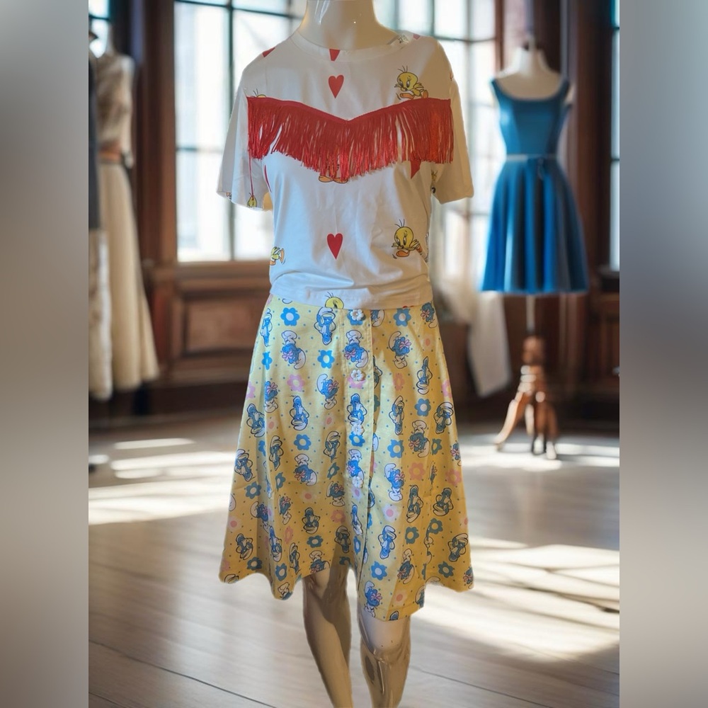 Unique vintage Smurf circle skirt with flower buttons size XL